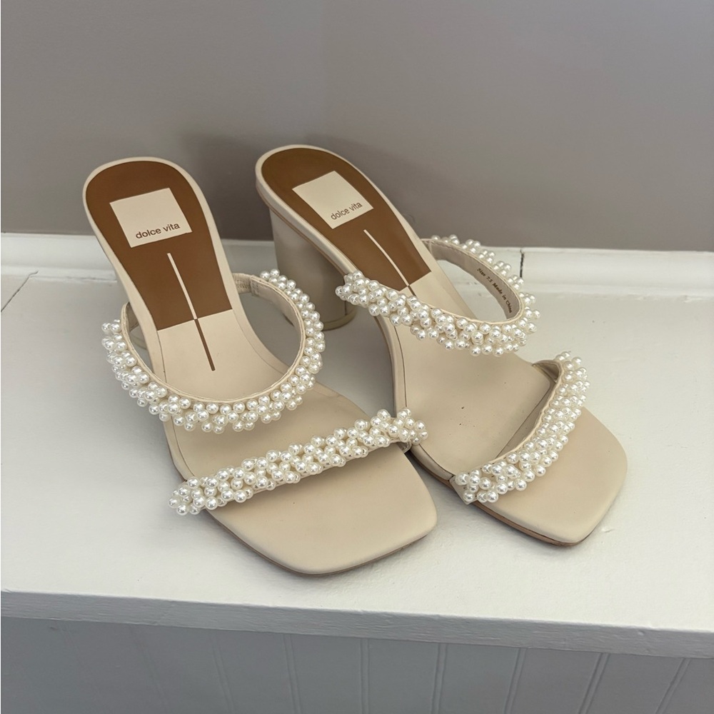 Dolce Vita Noel Cream Heels with Pearl Accents